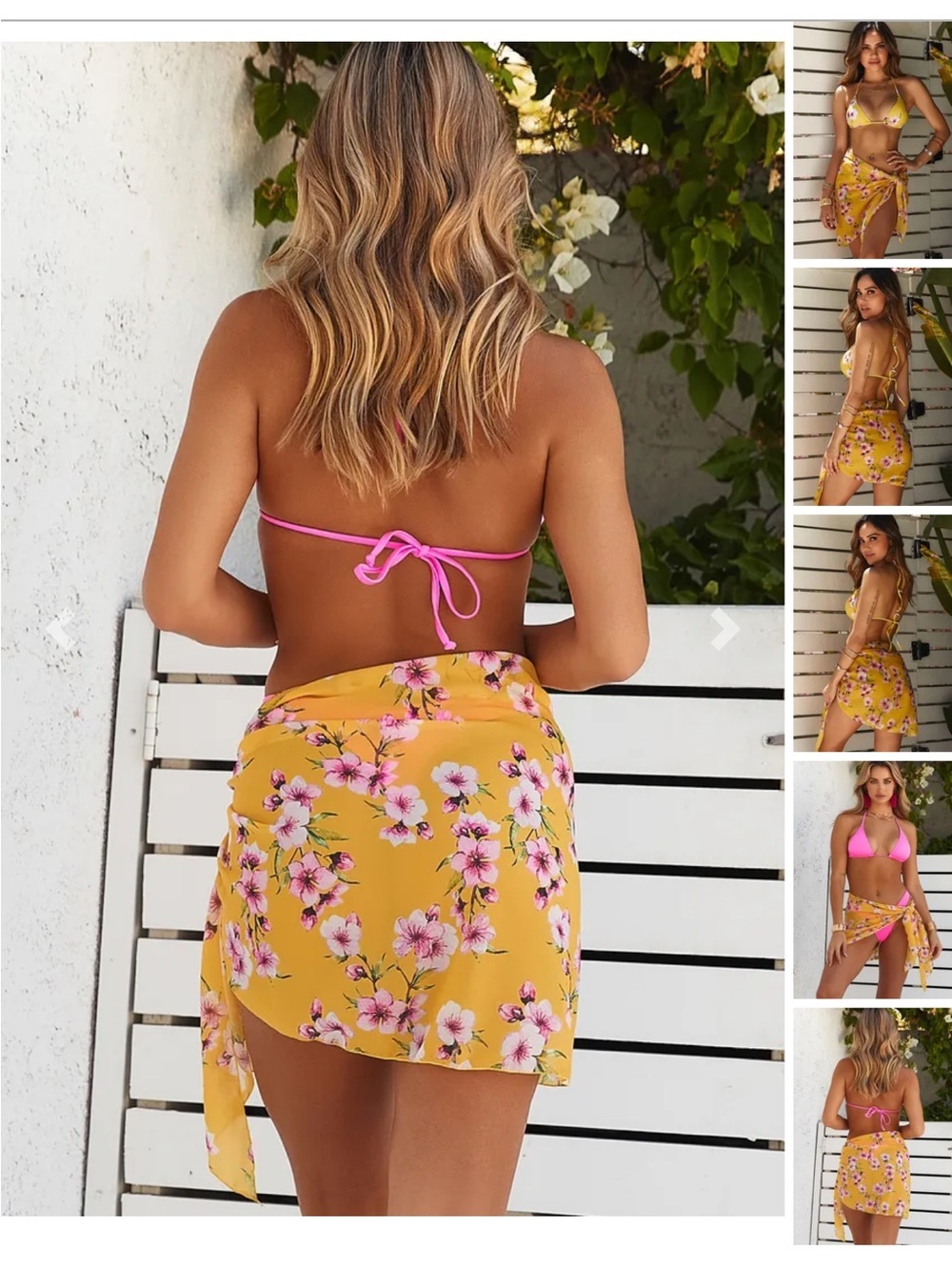 Floral Yellow Beach Sarong Cover-Up with Pink Accents - Picture 2 of 4